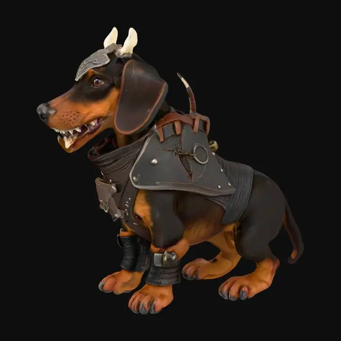 3D model for Create a hyper-realistic humanoid wiener dog warrior miniature for 3D printing, standing in a heroic pose. Proportions are short and muscular with dachshund features—long snout, drooping ears. Wearing chaotic bone and leather armor with exaggerated jagged edges, asymmetrical plates, and stitched hide details in the style of Warhammer fantasy. No weapon, relying on intimidating stance. Menacing, grim facial expression with defined snarl. Model should have clear, deep panel lines, exaggerated textures, and durable proportions for resin printing. Design with speed painting in mind—large readable surfaces, minimal fragile parts, and strong silhouette. Background unnecessary, focus solely on printable character model.