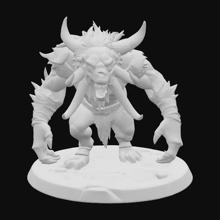 3D model for Design a Warhammer-style chaotic savage beast, feral and hunched, with bone armor grown from its own mutated spine. It has oversized claws, hunched limbs, and matted fur over warped muscle. Its face is animalistic—snarling, with three tusks, asymmetrical eyes, and jagged bone growths. The back is ridged and covered in chaotic scars. One arm is fused with a crude weapon. Add trophies, tooth necklaces, and flesh tears. Mount it on a jagged tribal stone base with scattered prey remains, designed to be easy to print and speed paint with heavy textures and defined shadow zones.