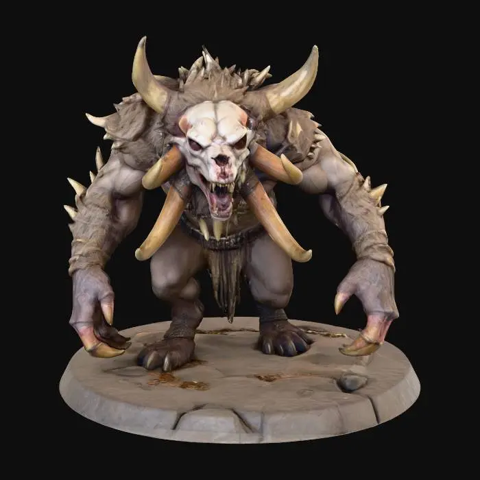 3D model for Design a Warhammer-style chaotic savage beast, feral and hunched, with bone armor grown from its own mutated spine. It has oversized claws, hunched limbs, and matted fur over warped muscle. Its face is animalistic—snarling, with three tusks, asymmetrical eyes, and jagged bone growths. The back is ridged and covered in chaotic scars. One arm is fused with a crude weapon. Add trophies, tooth necklaces, and flesh tears. Mount it on a jagged tribal stone base with scattered prey remains, designed to be easy to print and speed paint with heavy textures and defined shadow zones.