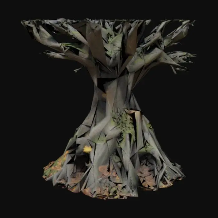 3D model for A large, ancient medieval tree with thick twisted roots, gnarled branches, and moss-covered bark. The tree has a wide trunk, slightly hollow in the center, and is surrounded by fallen leaves and mushrooms. Stylized for a medieval fantasy setting, suitable for RPG or adventure game environments. Realistic PBR textures.