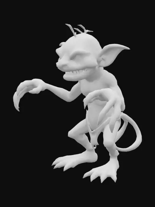 3D model for A tiny, hunched swamp goblin standing in a front-facing T-pose for animation and rigging. Its skin is a mottled green, rough and dirty from living in the wetlands. It has an exaggeratedly hunched back, thin limbs, and oversized hands with long, dirty claws. The goblin’s eyes are large and bulging, giving it an eerie, alert expression. Two sharp teeth jut upward from its lower jaw, always visible even when its mouth is closed. Its nails are thick, yellow, and curved like claws. It wears minimal clothing — just scraps of cloth or moss tied with twine — and may have bones or feathers tied around its waist. The creature is small but full of energy, with a twisted, mischievous look. Designed for a horror swamp environment.