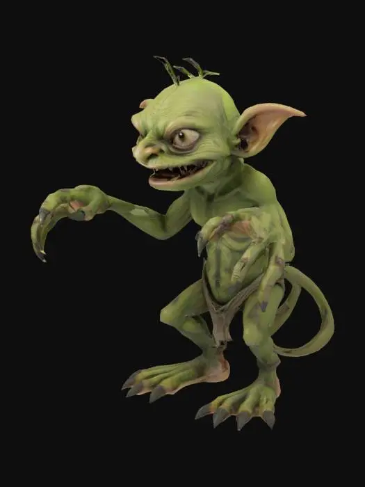 3D model for A tiny, hunched swamp goblin standing in a front-facing T-pose for animation and rigging. Its skin is a mottled green, rough and dirty from living in the wetlands. It has an exaggeratedly hunched back, thin limbs, and oversized hands with long, dirty claws. The goblin’s eyes are large and bulging, giving it an eerie, alert expression. Two sharp teeth jut upward from its lower jaw, always visible even when its mouth is closed. Its nails are thick, yellow, and curved like claws. It wears minimal clothing — just scraps of cloth or moss tied with twine — and may have bones or feathers tied around its waist. The creature is small but full of energy, with a twisted, mischievous look. Designed for a horror swamp environment.