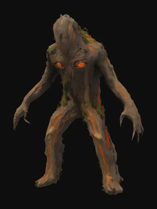 3D model for cursed humanoid bush creature with dense, dark green foliage covering its entire body, short thick legs made of twisted bark, glowing faint eyes hidden in leaves, hunched and unnatural posture, unsettling forest horror aesthetic, front-facing T-pose, realistic detail, no visible mouth, blending with natural plants