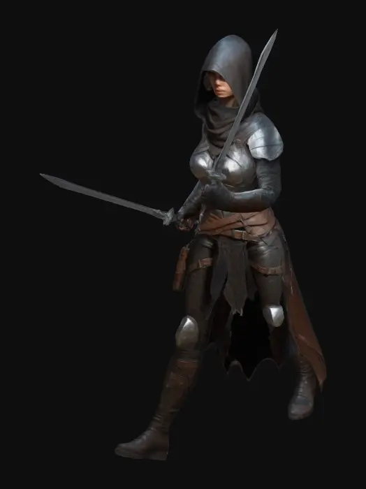 3D model for Create a hyper-realistic 3D model of a assassin. she hold a dagger on each hand. She wears a leather armor with intricate details. Aparently he lives in the woods, hiding from the authorities. Game Assets, A-pose, Full Body