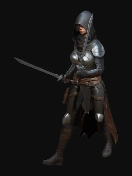 3D model for Create a hyper-realistic 3D model of a assassin. she hold a dagger on each hand. She wears a leather armor with intricate details. Aparently he lives in the woods, hiding from the authorities. Game Assets, A-pose, Full Body