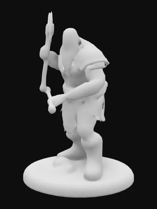 3D model for figurine fantasy dnd half-ork warrior in dynamic pose with base like ring from wire with natural realistic colors