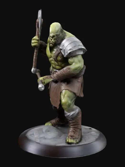 3D model for figurine fantasy dnd half-ork warrior in dynamic pose with base like ring from wire with natural realistic colors