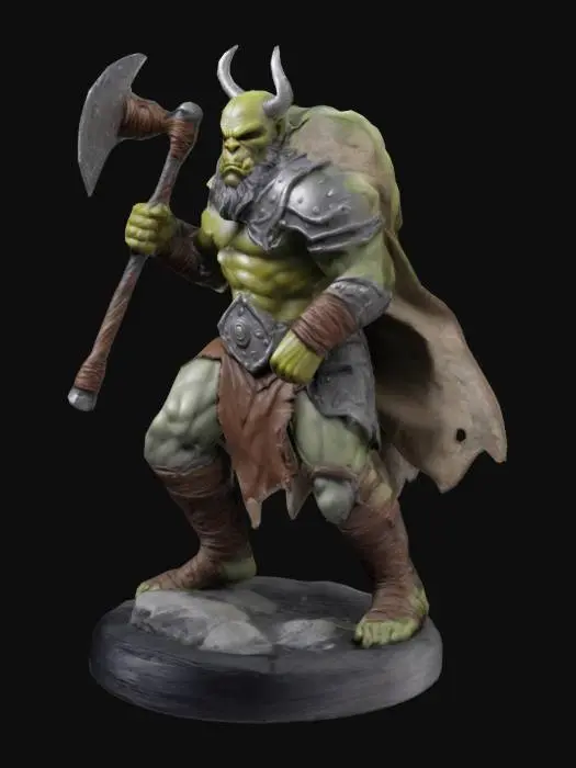 3D model for figurine fantasy dnd half-ork warrior in dynamic pose with base like ring from wire with natural realistic colors