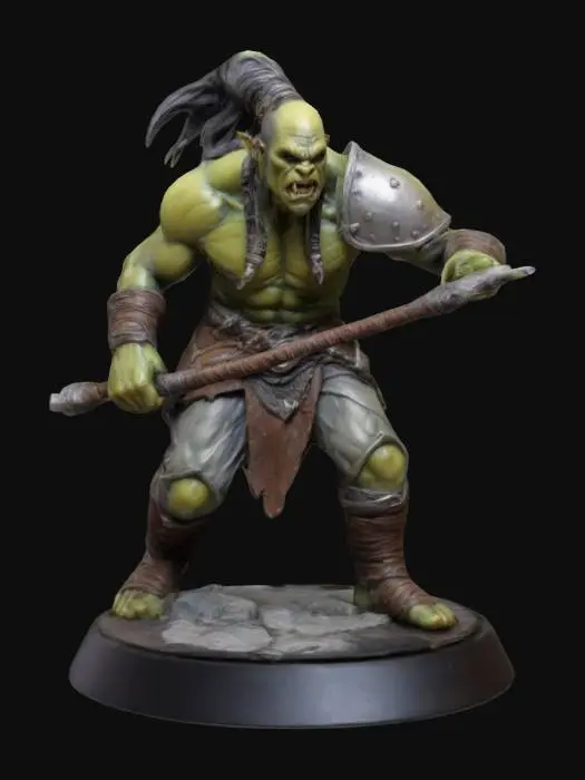 3D model for figurine fantasy dnd half-ork warrior in dynamic pose with base like ring from wire with natural realistic colors