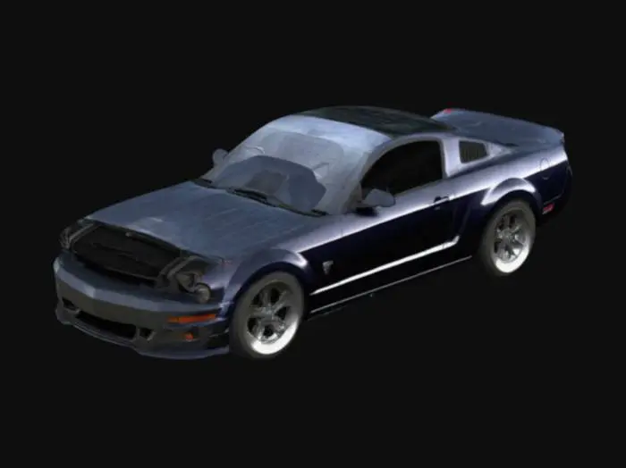 3D model for 2005 ford mustang from film death race 2005, more polygons, detail body, detail grile, detail car, detail hood, detail roof, detail trunk, detail wheels, detail rims, detail headlights, hyperrealistic, real life car