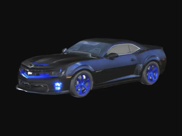 3D model for 2010 chevrolet camaro zl1, black color body, carbon bonnet, blue headlights, large detalization, high poly body, high poly wheels, the exact model from real life, large number of polygons, high detail.