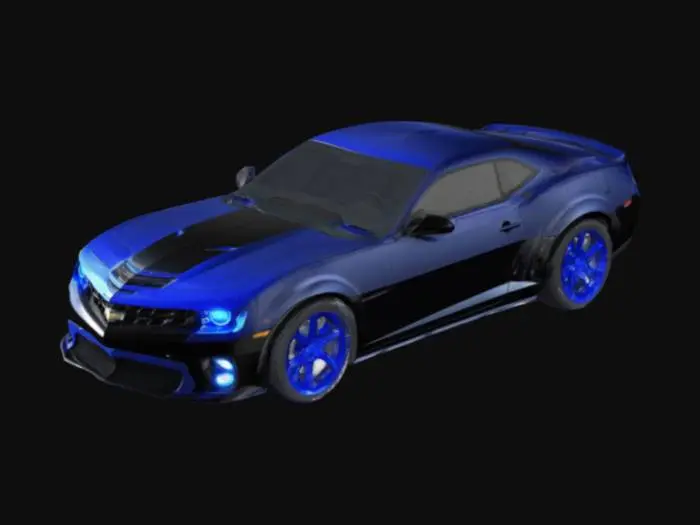 3D model for 2010 chevrolet camaro zl1, black color body, carbon bonnet, blue headlights, large detalization, high poly body, high poly wheels, the exact model from real life, large number of polygons, high detail.