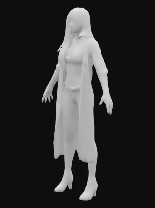 3D model for 1 female, t-pose, dark skin, brown eyes, long black hair, The face of a Latin girl, beautiful body, leather long jacket, latex leggings, severe black boots with high heels, hyper realistic, cinematic processing.