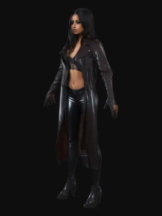 3D model for 1 female, t-pose, dark skin, brown eyes, long black hair, The face of a Latin girl, beautiful body, leather long jacket, latex leggings, severe black boots with high heels, hyper realistic, cinematic processing.