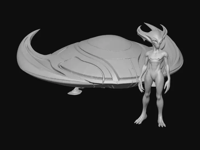3D model for Symmetrical alien UFO spacecraft, centered composition, clean silhouette, smooth disc-shaped body with slight dome top, wide curved wings extending left and right, each wing ending in upward horn-like arcs, bold simple geometry, no small التفاصيل, strong clear shape language, materials split into dark matte black metal body and glowing gold energy lines, subtle deep red accents embedded within wings, minimal panel segmentation, soft emissive خطوط flowing symmetrically across surface, underside slightly concave, evenly balanced proportions, futuristic but simple design, neutral studio lighting, soft shadows, no background, high contrast, optimized for 3D model reference, clean topology, minimal detail clutter, clear material separation