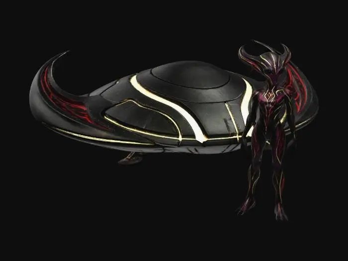 3D model for Symmetrical alien UFO spacecraft, centered composition, clean silhouette, smooth disc-shaped body with slight dome top, wide curved wings extending left and right, each wing ending in upward horn-like arcs, bold simple geometry, no small التفاصيل, strong clear shape language, materials split into dark matte black metal body and glowing gold energy lines, subtle deep red accents embedded within wings, minimal panel segmentation, soft emissive خطوط flowing symmetrically across surface, underside slightly concave, evenly balanced proportions, futuristic but simple design, neutral studio lighting, soft shadows, no background, high contrast, optimized for 3D model reference, clean topology, minimal detail clutter, clear material separation