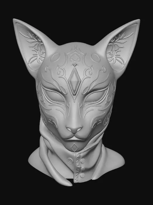 3D model for A mystic, dark teal-black mask with prominent cat-like ears, adorned with intricate, sparkling golden tribal-geometric patterns. Its texture appears softly matte, contrasted by the glittery gold accents and a radiant red gem embedded on the forehead. Piercing, intensely glowing orange-red eyes emanate light, casting a mystical aura. The form is elegant and stylized, emerging from a softly blurred, enchanted forest scene with vibrant red poppies and warm bokeh.