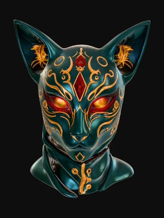 3D model for A mystic, dark teal-black mask with prominent cat-like ears, adorned with intricate, sparkling golden tribal-geometric patterns. Its texture appears softly matte, contrasted by the glittery gold accents and a radiant red gem embedded on the forehead. Piercing, intensely glowing orange-red eyes emanate light, casting a mystical aura. The form is elegant and stylized, emerging from a softly blurred, enchanted forest scene with vibrant red poppies and warm bokeh.