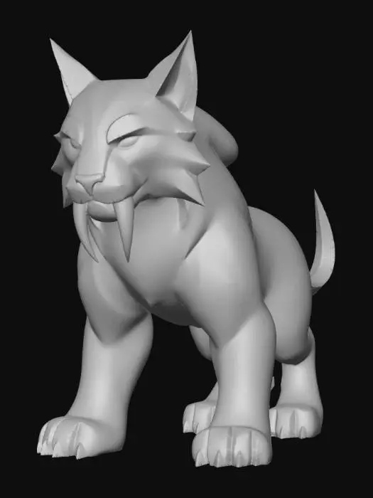 3D model for A stylized sabertooth lynx creature, front-facing, centered, full body visible, neutral studio background.

Simple, clean geometry. Smooth surfaces. Strong, readable silhouette. Compact feline body with short tail and large paws.

Head is symmetrical with clear structure. Ears are triangular and solid. Cheek fur is represented with 2–3 large angular shapes only.

Two large sabertooth fangs, clearly separated from the lower jaw, thick at the base and smoothly tapered. Fangs are simple curved cones with clean edges.

Fur is represented as large smooth sections, not strands. No small details.