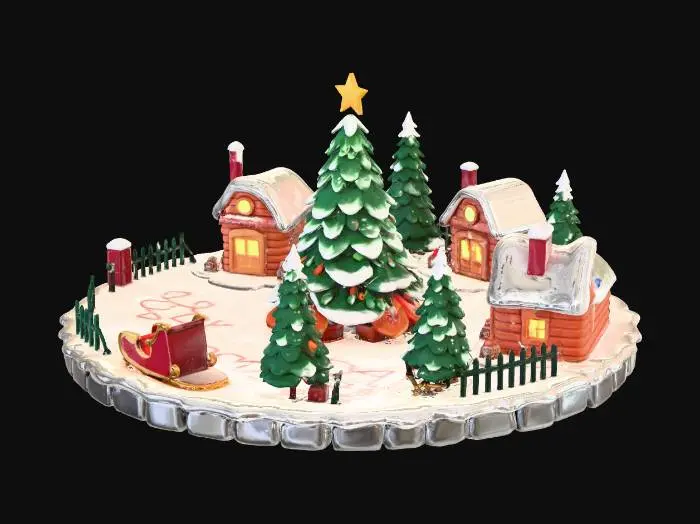 3D model for Create a Christmas-themed nighttime lobby for a Roblox game called “Evil Snowman: Hide & Freeze”. A circular snowy village plaza with a giant decorated Christmas tree in the center. Around it add a warm shop cabin, a gift hut for daily rewards, a Santa mailbox codes booth, a cozy fireplace seating area, a map-voting stage with glowing pads, a snowball fight minigame zone with an ice slide, a sleigh-style spawn area, and a spooky Evil Snowman statue. Include pine trees with lights, candy cane fences, gifts, lanterns, icicles, falling snow, light fog, warm and cold lighting contrast. Festive but slightly eerie atmosphere.
