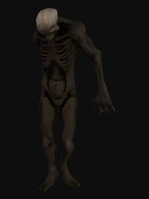3D model for A tall, distorted humanoid figure made of shadow and static, textures flickering between black void and pale decayed flesh. Limbs too long, fingers stretched into sharp points. Head twitching unnaturally sideways, face blurred as if censored or glitched on VHS tape. Torso is sunken, ribs partially visible, form bending in impossible angles. Material has emissive glitch streaks running through the body. VHS horror style, low-poly but terrifying silhouette, optimized for Unity.

