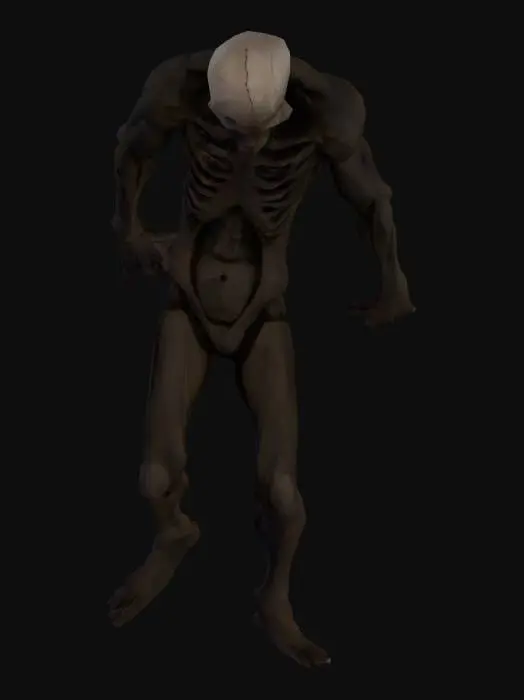3D model for A tall, distorted humanoid figure made of shadow and static, textures flickering between black void and pale decayed flesh. Limbs too long, fingers stretched into sharp points. Head twitching unnaturally sideways, face blurred as if censored or glitched on VHS tape. Torso is sunken, ribs partially visible, form bending in impossible angles. Material has emissive glitch streaks running through the body. VHS horror style, low-poly but terrifying silhouette, optimized for Unity.
