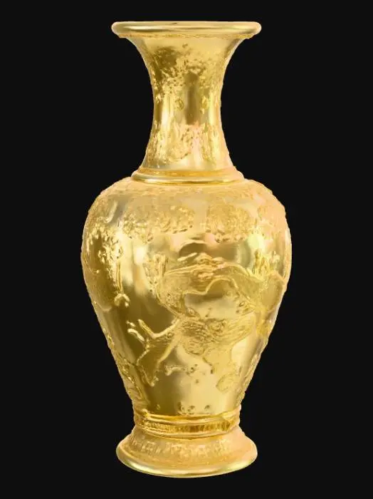 3D model for A sculpture of a a golden vase with a base of tapestry and High relief base within patterns of a marroque chinese-teapot