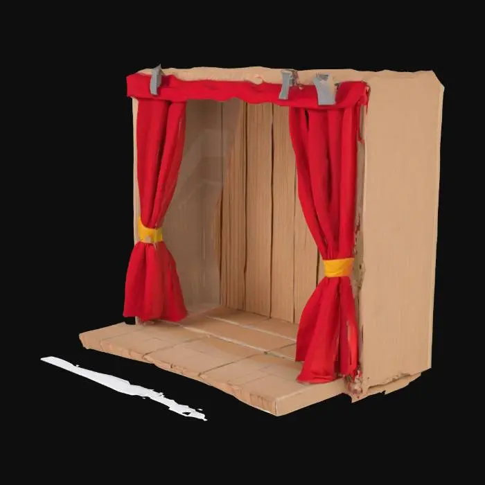 3D model for La imagen muestra un pequeño escenario de teatro en miniatura, construido completamente con objetos cotidianos. El telón está hecho de tela roja arrugada, sujetada por clips o cordones visibles, dando un aspecto casero. El fondo del escenario simula tablas de madera hechas de cartón pintado, con texturas que recuerdan al papel corrugado. El suelo es una superficie elevada también de cartón, con marcas de lápiz y cinta adhesiva que refuerzan su estilo hecho a mano. Todo transmite la sensación de un entorno artesanal, como si alguien lo hubiese montado sobre una mesa usando materiales reciclados. No hay personajes ni cajas presentes.