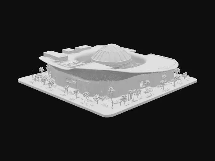 3D model for Design a cultural & commercial center on a 115×115 m square site, 35% coverage, 1,500 cm setbacks.
Commercial ribbon: 2 floors, 5,000 cm high, 800 cm wide Möbius loop around center, with one segment crossing in front of the cultural dome at +5,000 cm.
Cultural dome: 4 floors, 4,000 cm high, Ø 3,500 cm, 40 cm RC walls, ribbon windows 150 cm wide starting 200 cm above floor, dome roof with 3 skylights Ø 300 cm north side.
Bazaar: south side, 4,000×800 cm, tensile canopy.
Entrances: east 600 cm, west 500 cm, north 800 cm.
Include landscaping, grid 500 cm, columns Ø 60 cm, beams 40×60, slabs 25 cm, stairs & elevators.