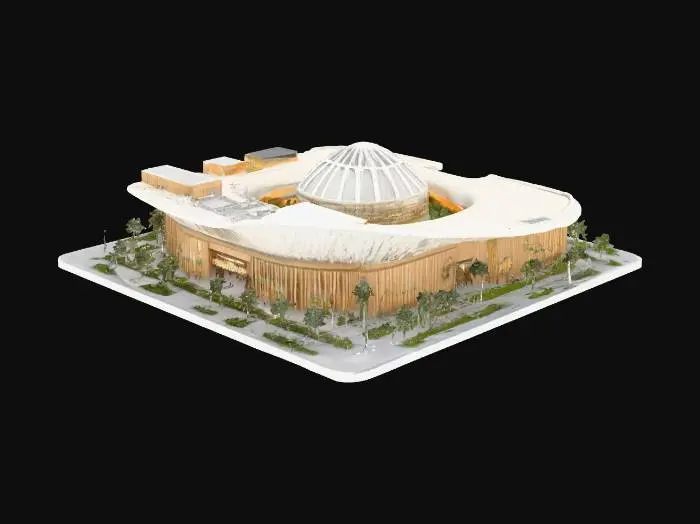 3D model for Design a cultural & commercial center on a 115×115 m square site, 35% coverage, 1,500 cm setbacks.
Commercial ribbon: 2 floors, 5,000 cm high, 800 cm wide Möbius loop around center, with one segment crossing in front of the cultural dome at +5,000 cm.
Cultural dome: 4 floors, 4,000 cm high, Ø 3,500 cm, 40 cm RC walls, ribbon windows 150 cm wide starting 200 cm above floor, dome roof with 3 skylights Ø 300 cm north side.
Bazaar: south side, 4,000×800 cm, tensile canopy.
Entrances: east 600 cm, west 500 cm, north 800 cm.
Include landscaping, grid 500 cm, columns Ø 60 cm, beams 40×60, slabs 25 cm, stairs & elevators.
