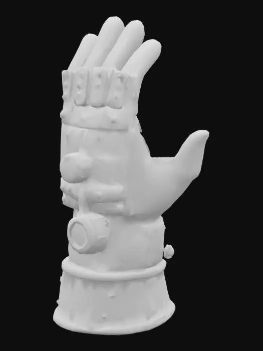 3D model for maak een stalen handshoen met dike stalen lagen ijzer met een draaiknop op de handschoen er moeten veel details in
