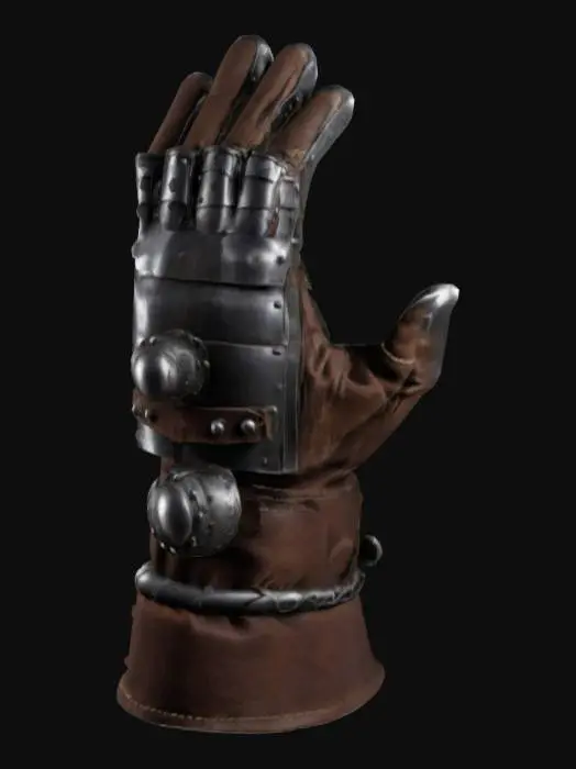 3D model for maak een stalen handshoen met dike stalen lagen ijzer met een draaiknop op de handschoen er moeten veel details in
