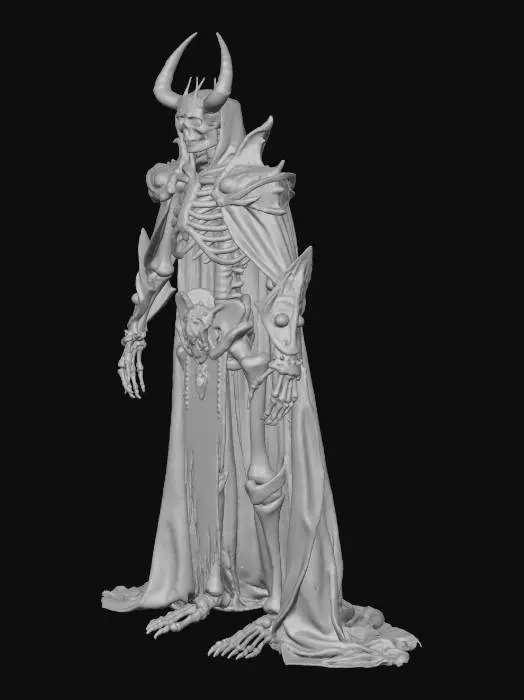 3D model for A regal skeletal overlord inspired by Ainz Ooal Gown from Overlord; tall humanoid skeleton with ivory bones veined in glowing gold. Wears ornate dark armor fused with bone and ancient runes, accented with obsidian metal and faint light from engraved symbols. A royal crown partially merged with his skull, inlaid with red and amethyst gems. Long tattered cloak made of ethereal fabric, glowing faintly at edges. Glowing golden eyes radiate intelligence and power. Cinematic dark-fantasy style, ultra-realistic 8K PBR detail.