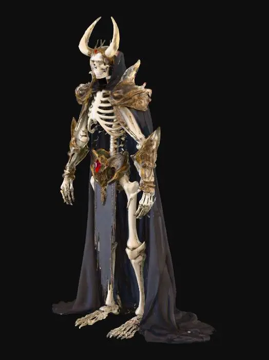 3D model for A regal skeletal overlord inspired by Ainz Ooal Gown from Overlord; tall humanoid skeleton with ivory bones veined in glowing gold. Wears ornate dark armor fused with bone and ancient runes, accented with obsidian metal and faint light from engraved symbols. A royal crown partially merged with his skull, inlaid with red and amethyst gems. Long tattered cloak made of ethereal fabric, glowing faintly at edges. Glowing golden eyes radiate intelligence and power. Cinematic dark-fantasy style, ultra-realistic 8K PBR detail.