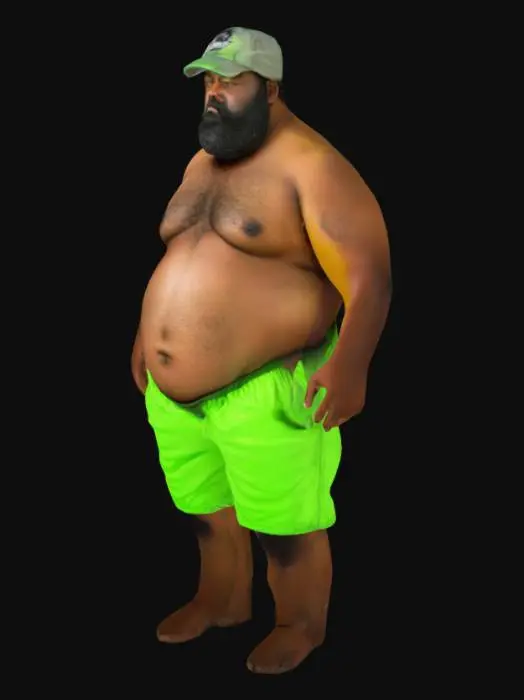 3D model for Hombre gordo, moreno pecho peludo sin camiseta con barba negra y un poco larga, gorra, pantalones cortos verdes.