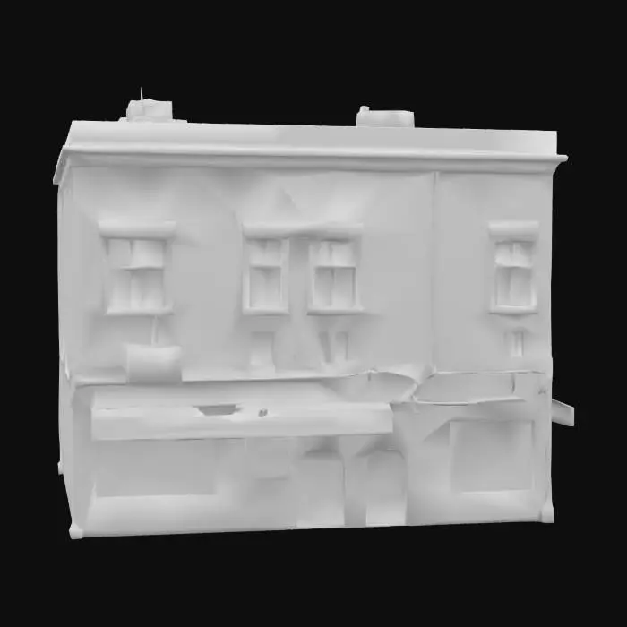 3D model for Generate a small, low-rise urban building in a Mediterranean-Spanish style. The building should look slightly old and worn down, with visible dirt, cracks, weathered walls, and simple architecture. Use faded paint (beige, light yellow, or pastel colors), rusty elements, and broken or boarded windows. Add realistic textures to simulate age and lack of maintenance. No balconies. Include small details like AC units, some graffiti on the lower walls, and a flat roof with antennas, satellite dishes, or water tanks. The overall appearance should reflect a modest, working-class environment with a slightly neglected feel.