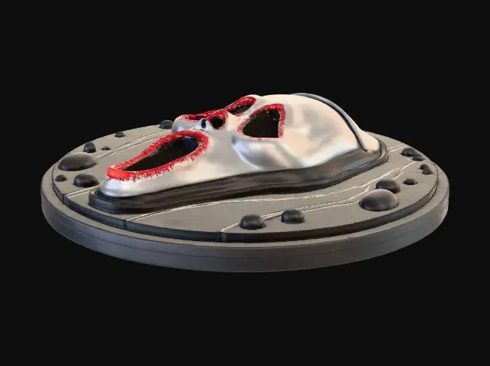 3D model for A rigid PLA coaster, featuring a debossed design inspired by the iconic Ghostface mask from the "Scream" movie. Its smooth, hard surface is predominantly matte black, with subtle layer lines indicative of 3D printing. The mask's details, including its hollow eyes and elongated scream, are sharply defined. A contrasting splash of glossy blood-red PLA, slightly raised, appears to drip from the mask, providing a chilling tactile texture against the overall coolness of the plastic.