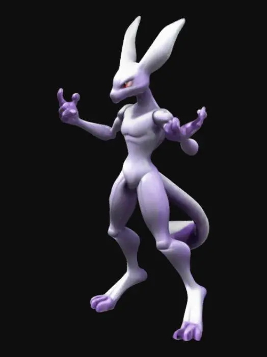 3D model for Fusion of cinderace and Mewto. The Fusion must have tale and legs like Mewto and hands like cinderace and body should be like Mewtoa and it should not have wings. I want to Create it for my Minecraft Pixelmon Mod