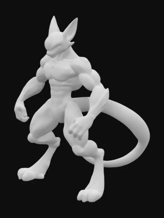 3D model for Fusion of cinderace and Mewto. The Fusion must have tale and legs like Mewto. Hands, Ears and face like cinderace and body should be like Mewto and it should not have wings. I don't want any female thing in my model. The Color should be Mixture of Mewto and cinderace.Make it more natural like a real pokemon model. I want to Create it for my Minecraft Pixelmon Mod