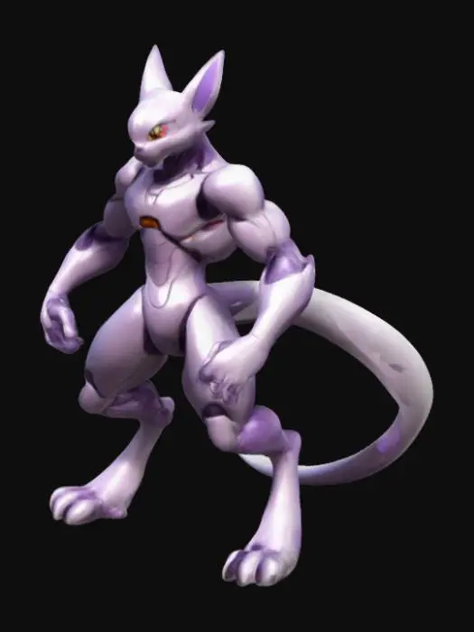 3D model for Fusion of cinderace and Mewto. The Fusion must have tale and legs like Mewto. Hands, Ears and face like cinderace and body should be like Mewto and it should not have wings. I don't want any female thing in my model. The Color should be Mixture of Mewto and cinderace.Make it more natural like a real pokemon model. I want to Create it for my Minecraft Pixelmon Mod