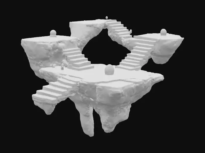 3D model for Design a surreal 3D platform environment where gravity is inverted. Platforms float mid-air at different angles and heights, connected by twisted staircases, ladders, and narrow bridges. Include floating rocks, glowing energy orbs, and portals emitting soft neon light. The scene has a dark, moody atmosphere with mist and subtle particle effects. Objects and platforms have slightly distorted shapes to create a dreamlike feeling. Integrate interactive elements like levers, crates, and switches with glowing highlights. Ensure clean low-poly geometry optimized for real-time game performance. Include ambient details like hovering particles, faint shadows, and soft lighting gradients to enhance depth and immersion.