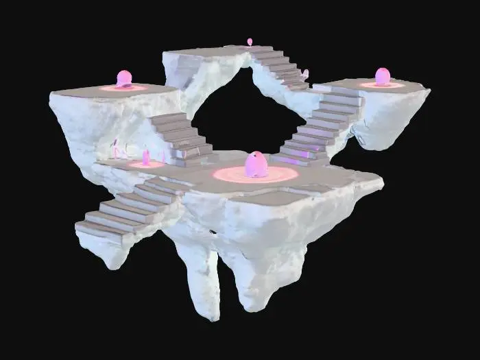 3D model for Design a surreal 3D platform environment where gravity is inverted. Platforms float mid-air at different angles and heights, connected by twisted staircases, ladders, and narrow bridges. Include floating rocks, glowing energy orbs, and portals emitting soft neon light. The scene has a dark, moody atmosphere with mist and subtle particle effects. Objects and platforms have slightly distorted shapes to create a dreamlike feeling. Integrate interactive elements like levers, crates, and switches with glowing highlights. Ensure clean low-poly geometry optimized for real-time game performance. Include ambient details like hovering particles, faint shadows, and soft lighting gradients to enhance depth and immersion.