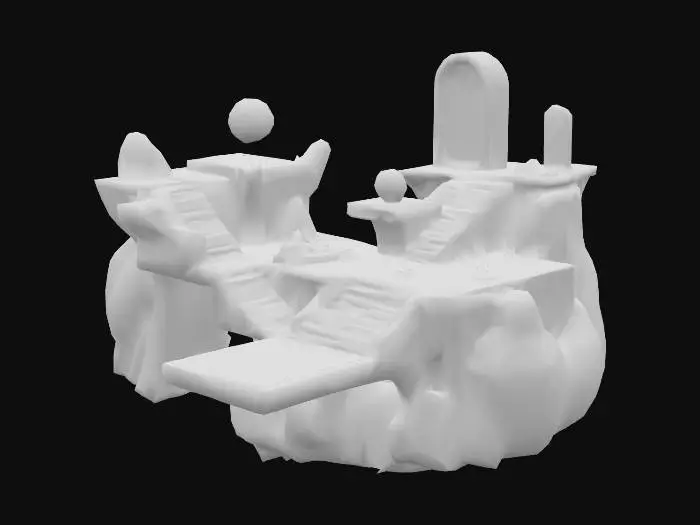 3D model for Design a surreal 3D platform environment where gravity is inverted. Platforms float mid-air at different angles and heights, connected by twisted staircases, ladders, and narrow bridges. Include floating rocks, glowing energy orbs, and portals emitting soft neon light. The scene has a dark, moody atmosphere with mist and subtle particle effects. Objects and platforms have slightly distorted shapes to create a dreamlike feeling. Integrate interactive elements like levers, crates, and switches with glowing highlights. Ensure clean low-poly geometry optimized for real-time game performance. Include ambient details like hovering particles, faint shadows, and soft lighting gradients to enhance depth and immersion.