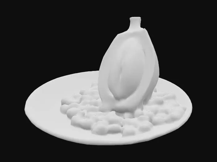 3D model for #food#, ultra réaliste, une cabosse de cacao, coupée en deux laisse apparaître des fèves de cacao.
Le tout est placé sur une assiette en porcelaine, #food#
