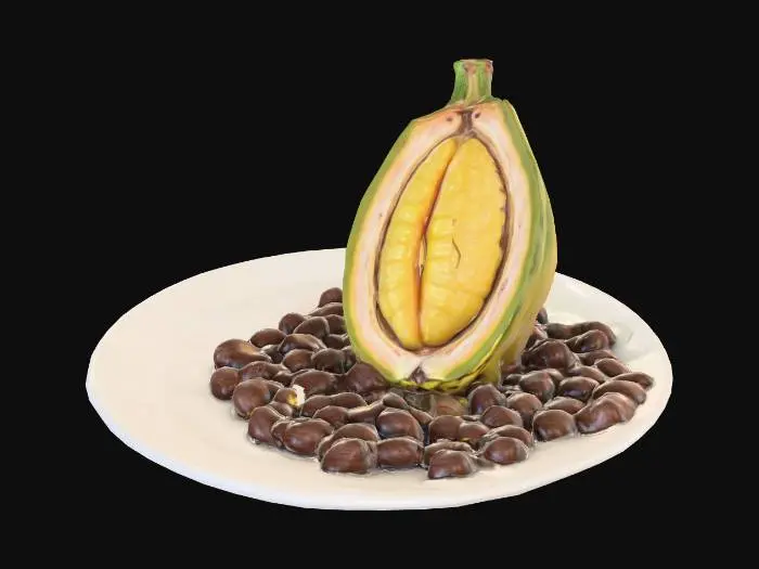 3D model for #food#, ultra réaliste, une cabosse de cacao, coupée en deux laisse apparaître des fèves de cacao.
Le tout est placé sur une assiette en porcelaine, #food#