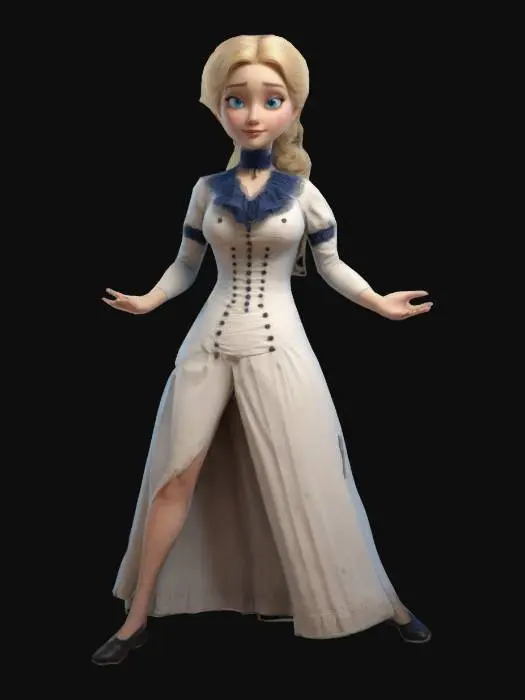 3D model for Joli femme style vestimentaires de l'époque victorienne, de classe sociale modeste, style cartoon, courbes du cops voluptueuses, Cheveux blond et yeux bleu. Corps entier, expression charmeuse mais élégantes, bien proportionnée. bien éclairée. Lignes nettes et précises. textures profondément sculptées. Doigts et orteils précis, couleurs vibrantes, hyperréalisme 4K, A-pose , corps entier, conception de personnage pour jeux vidéo, Top qualité