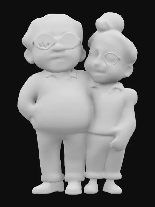 3D model for Ultra-réaliste, Un couple de septuagénaires, style cartoon, l'homme légèrement dégarni, portant des lunettes. La femme a un chignon et des lunettes, avec une expression amicale, bien proportionnée, bien éclairée. Lignes nettes et précises. Textures très détaillées. Doigts et orteils précis, couleurs vibrantes, hyperréalisme 4K, corps entier, pose A, conception de personnage de jeu vidéo, qualité supérieure, pas de cheveux, pas de ceinture, pas de manteau.