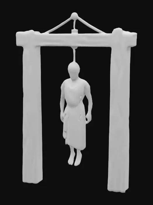3D model for Ultra réaliste, Potence médiévale en bois avec un pendu. La potence repose sur une base de planches posées sur 4 piliers. L'homme est pendu par le cou et est vêtu d'une toge blanche sale en tissu grossier. Ses pieds sont sales, Représenter le Corps entier, bien proportionné. Doigts et orteils précis, Lignes nettes et précises. Textures très détaillée, couleurs vibrantes, hyperréalisme 4K, Conception pour jeu vidéo, qualité supérieure, pas de cheveux, pas de ceinture, #ChronoForgeWeapon#