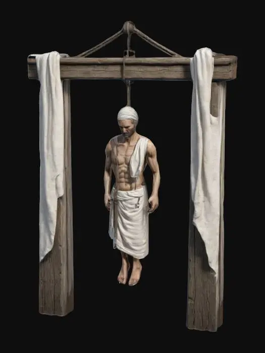 3D model for Ultra réaliste, Potence médiévale en bois avec un pendu. La potence repose sur une base de planches posées sur 4 piliers. L'homme est pendu par le cou et est vêtu d'une toge blanche sale en tissu grossier. Ses pieds sont sales, Représenter le Corps entier, bien proportionné. Doigts et orteils précis, Lignes nettes et précises. Textures très détaillée, couleurs vibrantes, hyperréalisme 4K, Conception pour jeu vidéo, qualité supérieure, pas de cheveux, pas de ceinture, #ChronoForgeWeapon#