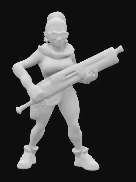 3D model for #ChronoForgeWeapon#, 
Ultra-réaliste, femme septuagénaire, style cartoon, avec chignon et lunettes, tenant une arme énorme futuriste, une main sur la gâchette, l'autre sous l'arme pour la soutenir. Visage dur et position de guerrière, femme bien proportionnée, bien éclairée. Lignes nettes et précises. Textures très détaillées. Doigts et orteils précis, couleurs vibrantes, hyperréalisme 4K, Corps entier, conception pour jeu vidéo, haute qualité, pas de cheveux, pas de ceinture, pas de manteau.